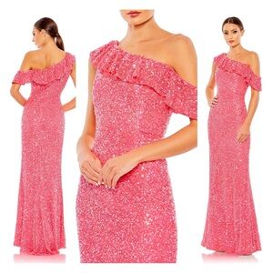NWT Mac Duggal 5611 Neon Pink Asymmetrical Sequin Ruffle Gown Size 12